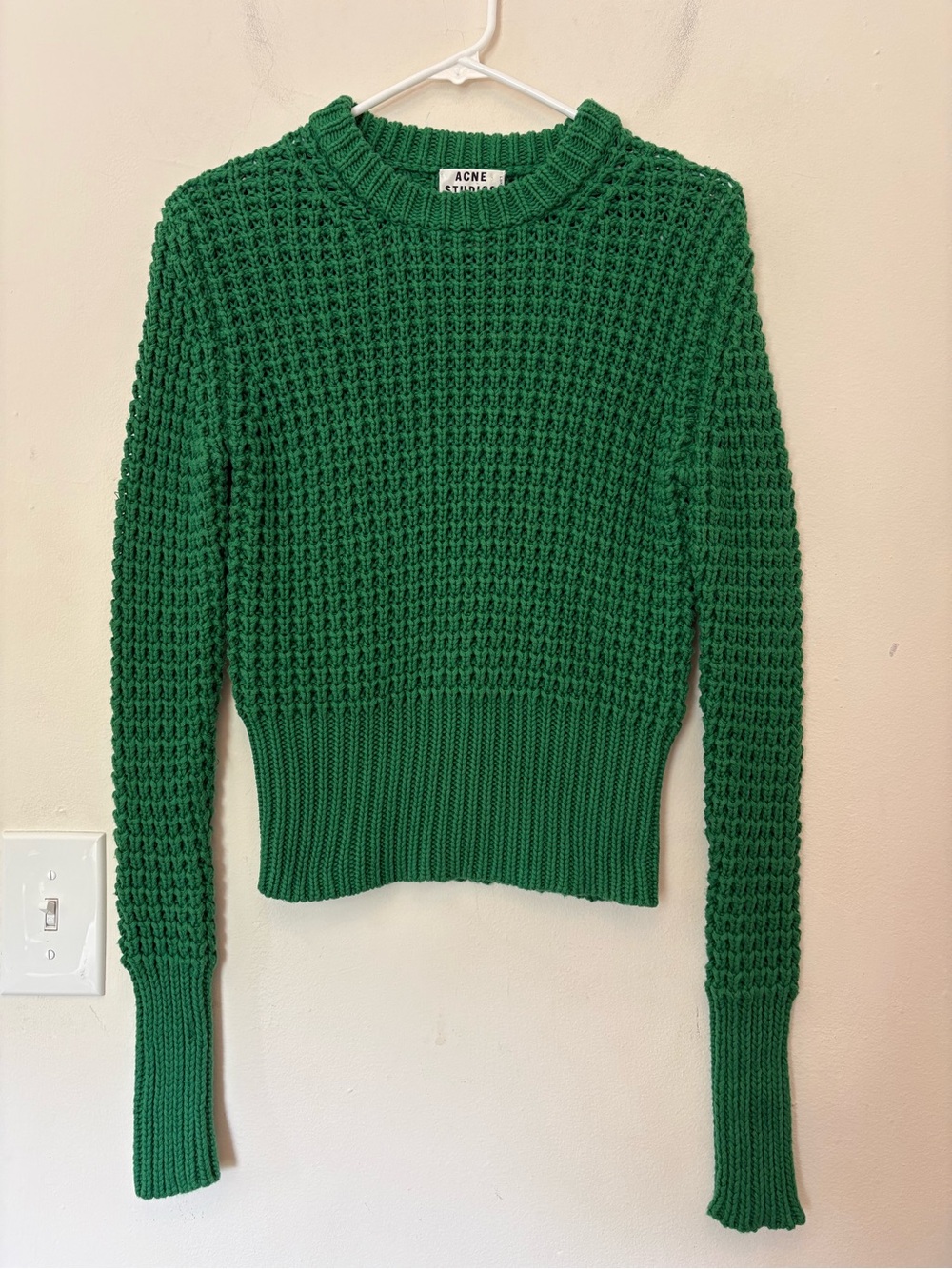 ACNE Studios Lia Solid Open Waffle Knit Crewneck Long Sleeve Sweater Green Sz XS
